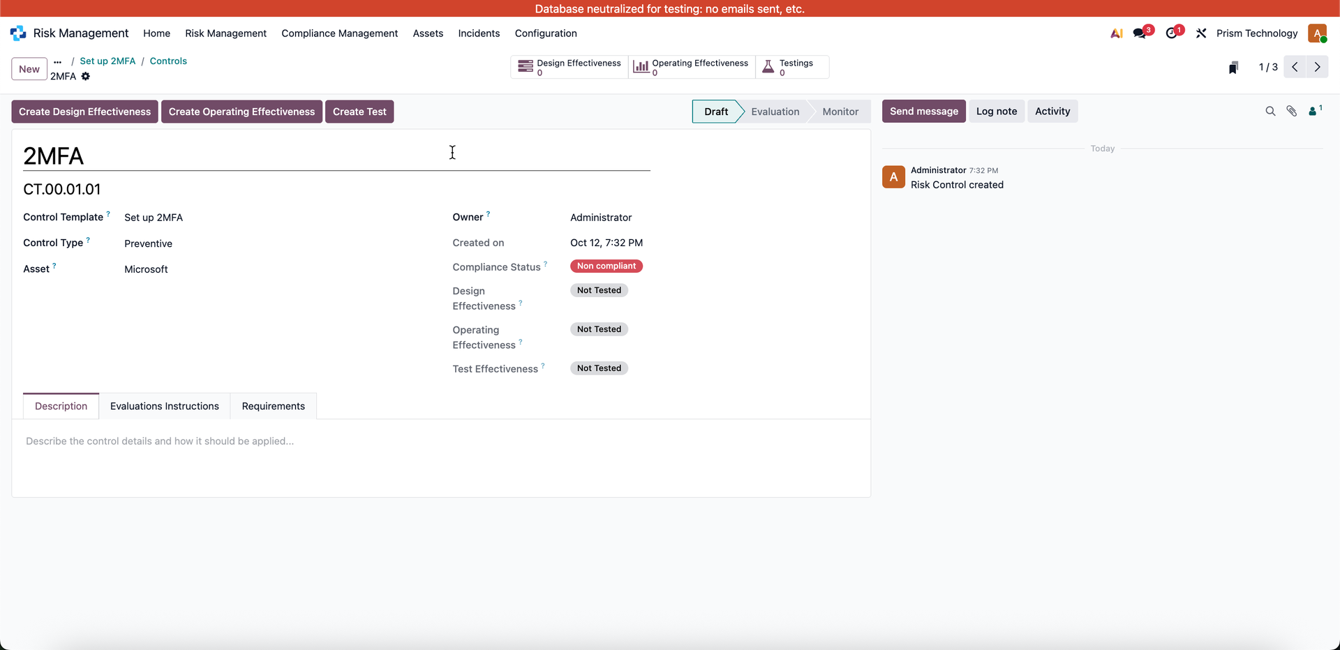 Prism GRC control management screen showing design effectiveness, operating effectiveness and control testing status
